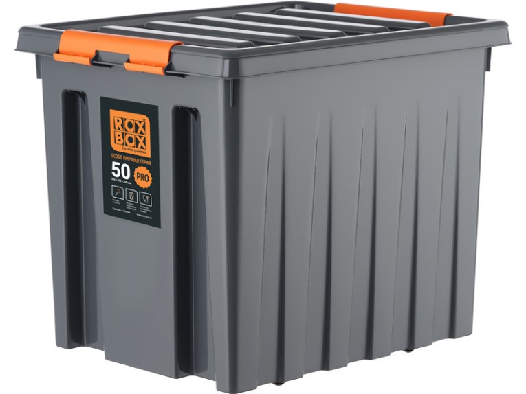 Контейнер особопрочный Rox Box PRO 50 (500х390х390 мм с крышкой и клипсами, на роликах, антрацит) купить в Пскове
